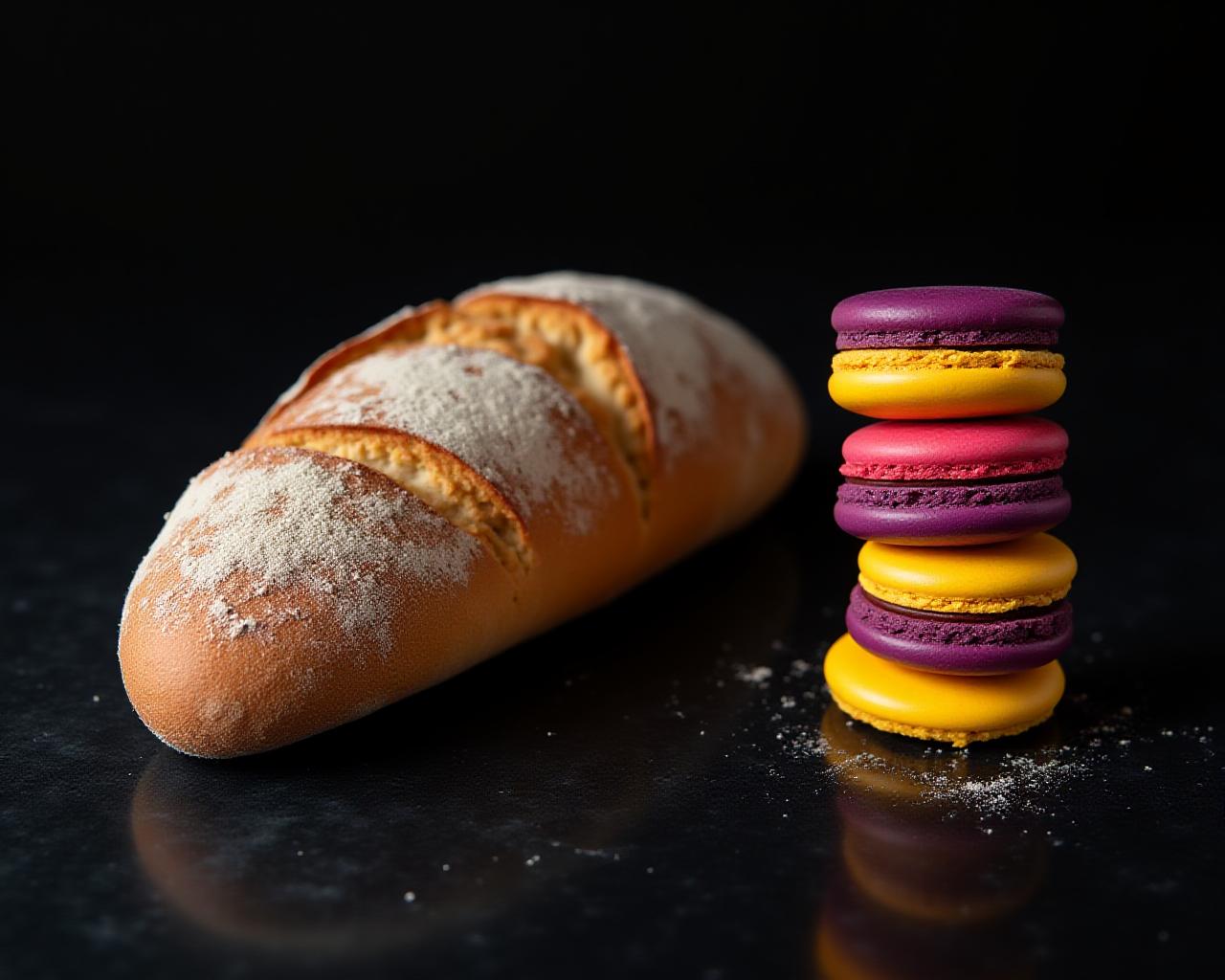 Composizione di pane rustico e macaron colorati